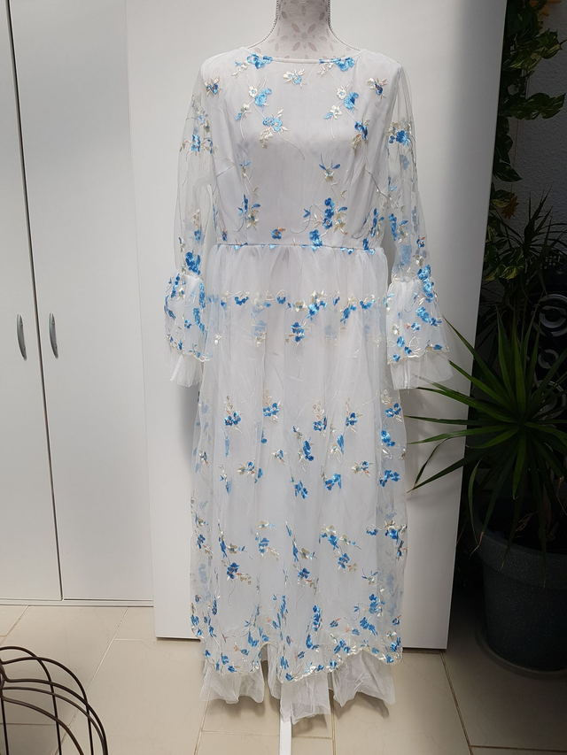 Robe De Mariee Civile Boho Blanc Bleu Fleurs Tulle Taille 46