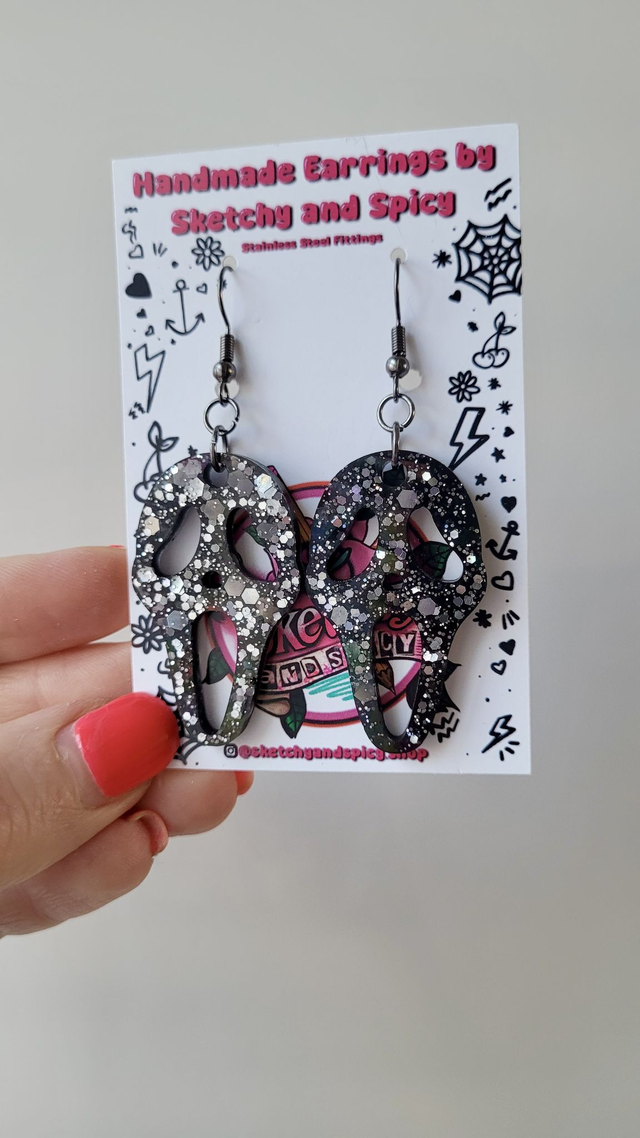 Ghostface Earrings - Black and Silver Glitter | Scream Horror | Stainless Steel Hooks