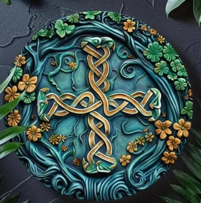 Vintage rond metalen bord Spiritueel Kruis blauw (20cm)