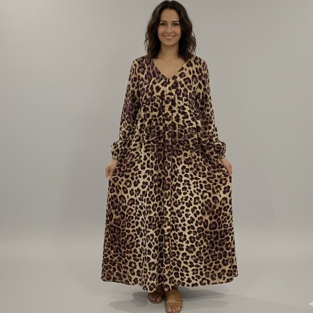 Robe Longue 100% Coton Ample motif léopard. Taille unique.