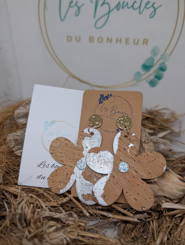 Boucles d'oreilles Marguerite cuir liège m659