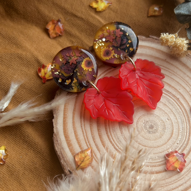 Autumn Sunflower and Leaf Stud Earrings