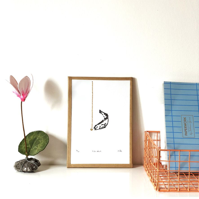 Pisces Zodiac Gift Engraving - Heart Fish Bait with Gold Thread Linoprint