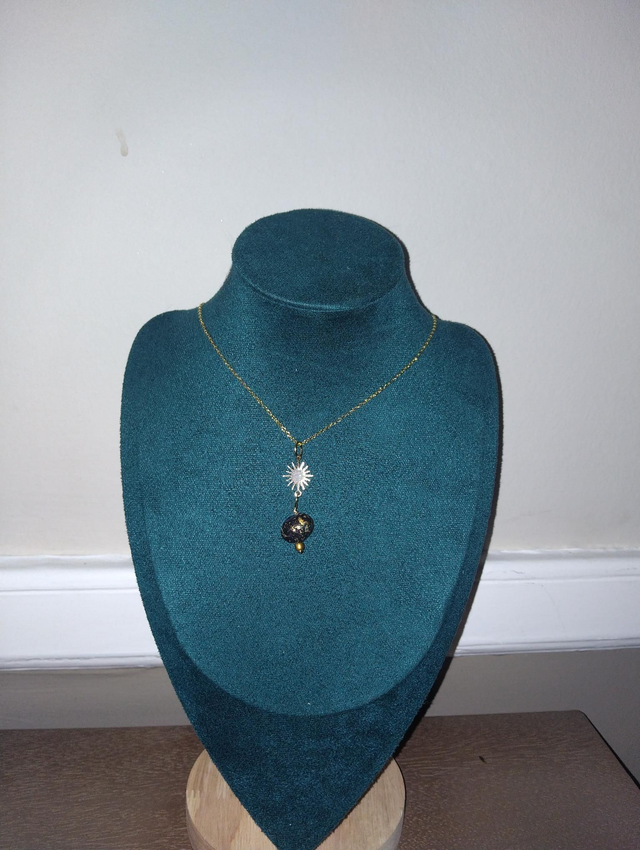 Boho Sun Necklace – Gold-Filled with Black & Gold Polymer Clay Bead