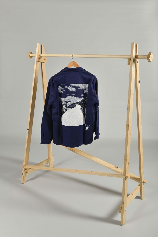 Veste bleu de travail peinte à la main - paysage montagne Highland de Colombie