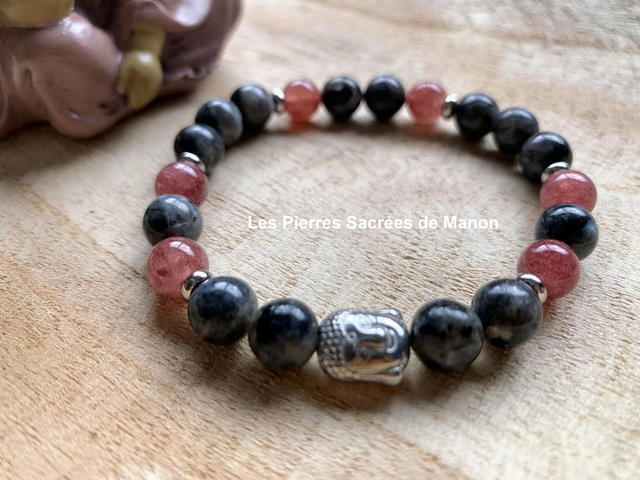 Bracelet Quartz fraise et Larvikite - Perles de 8mm
