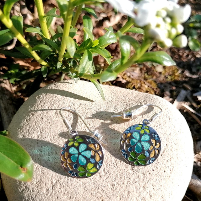 '' Bulles de Pétales ''- Boucles d'oreilles en émail plique à jour sur argent
