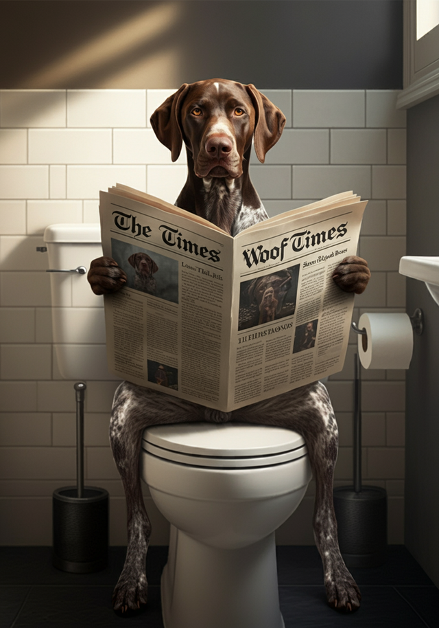 German Short Haired Pointer on the Toilet Framed Canvas