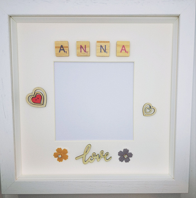 Handmade, personalised photo frame with colourful scrabble tiles. Personalised  birthday gifts.