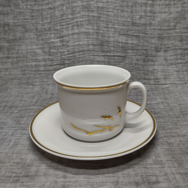 Kronester | Kop en Schotel in witte kleur met &#039;Vogel&#039; motief en aan de randen uitgevoerd met een goudkleurige bies | Vintage