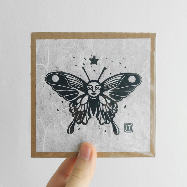 Lunal Moth Linocut Print - Handprinted Butterfly - Humanoid Moth Illustration