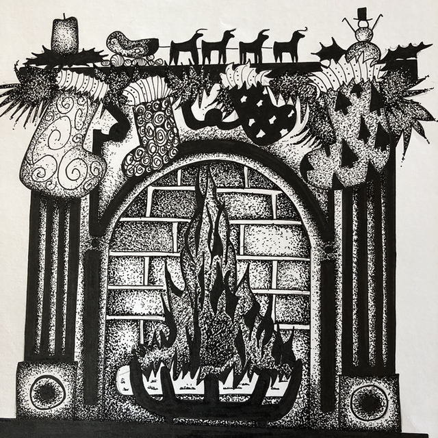 Fête - Feu cheminée - 21 x 30 cm -  encadrement 