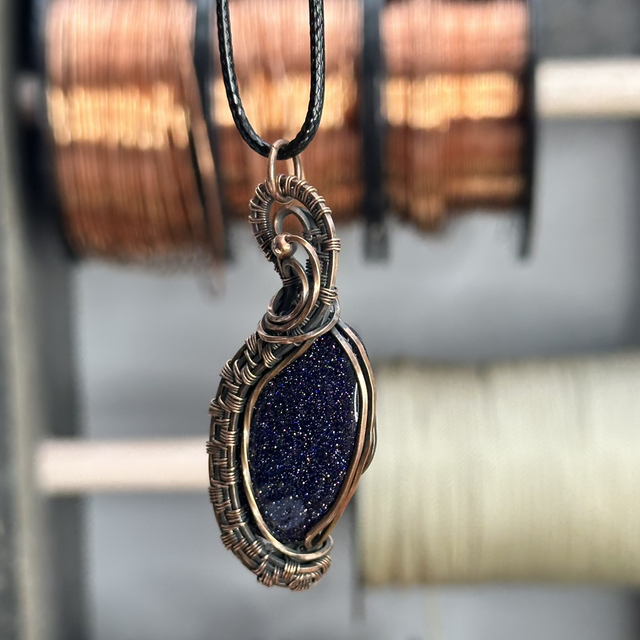 Blue goldstone pure copper wrapped pendant 