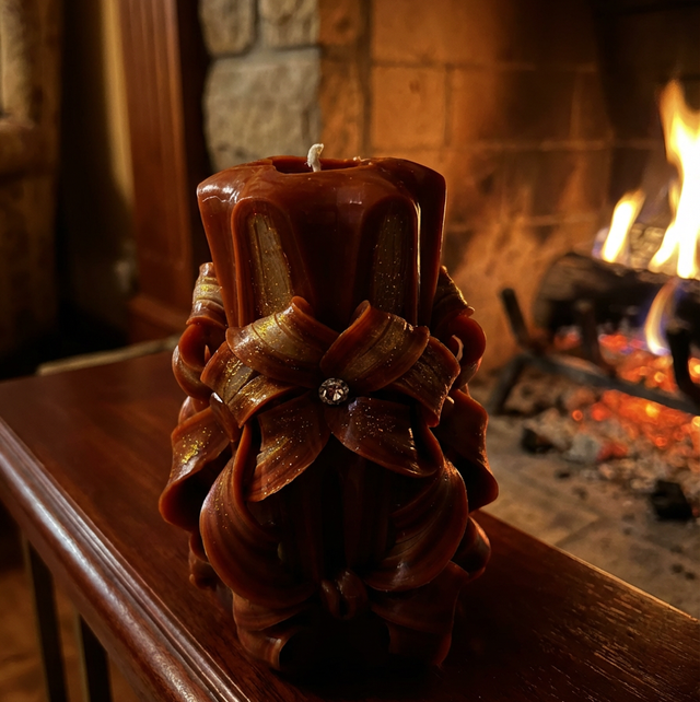 Hand-Carved Pillar Candle – Artisan Decorative Candle - Orange/Gold JC016