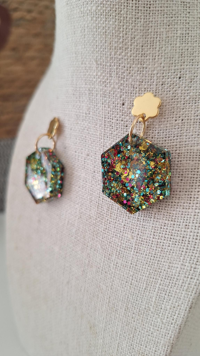 Boucles oreilles hexagonales paillettes turquoises roses dorées