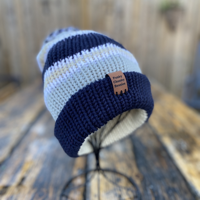 🌿 Funky Chunky Bobble Hat – Navy, Sage Green &amp; Cream Stripe – Handmade in Scotland