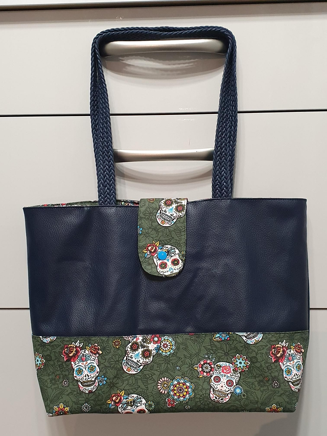 Sac à main simili cuir bleu et tissu kaki