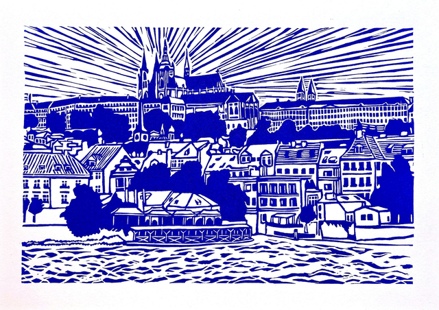 Prague : la Vltava et le château • Linogravure bleue 21 x 30 cm