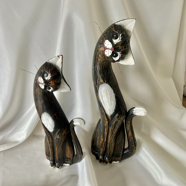 Vintage Hand-Carved Wooden Cat Figurines | Matching Pair