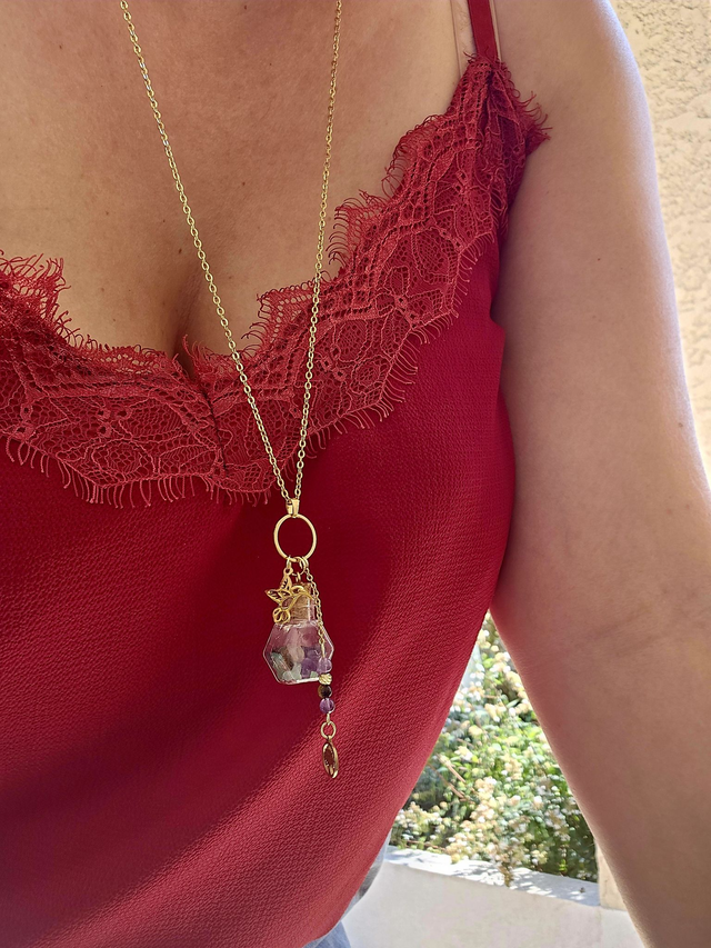 Sautoir Doré Talisman Mystique "BIEN-ETRE" - Améthyste, Œil de Tigre &amp; Aventurine Verte