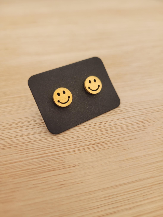 Gold stainless steel happy face stud earrings - SL-021