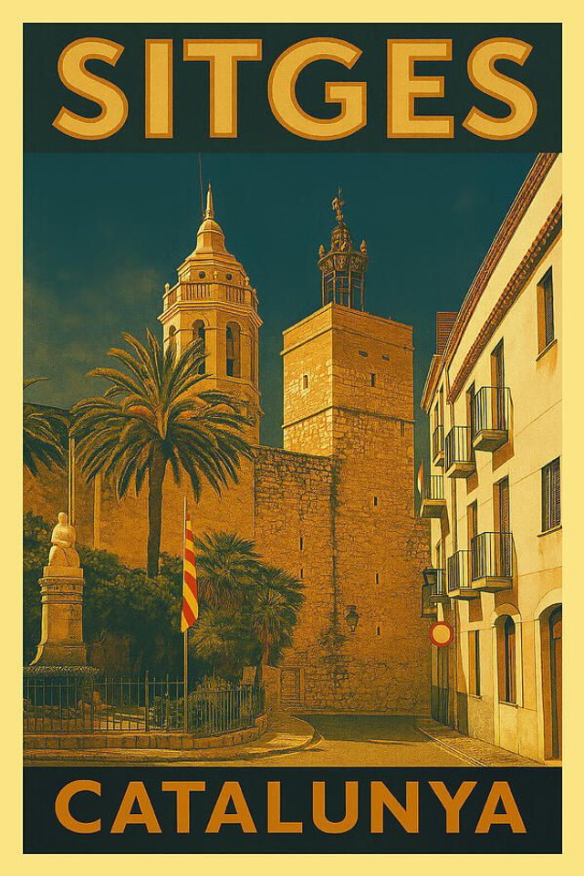 Póster de viaje vintage de la iglesia de Sitges Sant Bartomeu i Santa Tecla