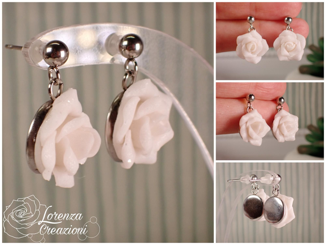 Orecchini pendenti rose bianche glitterate