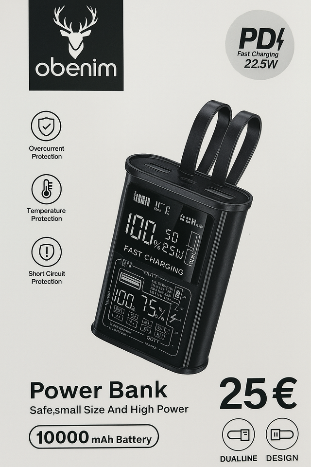obenim Power Bank – 10.000 mAh (22.5 W PD, Fast Charging, LED-Anzeige)