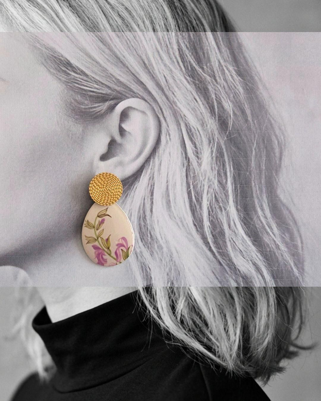 Paire de boucles d'oreilles - porcelaine - en acier inoxydable doré