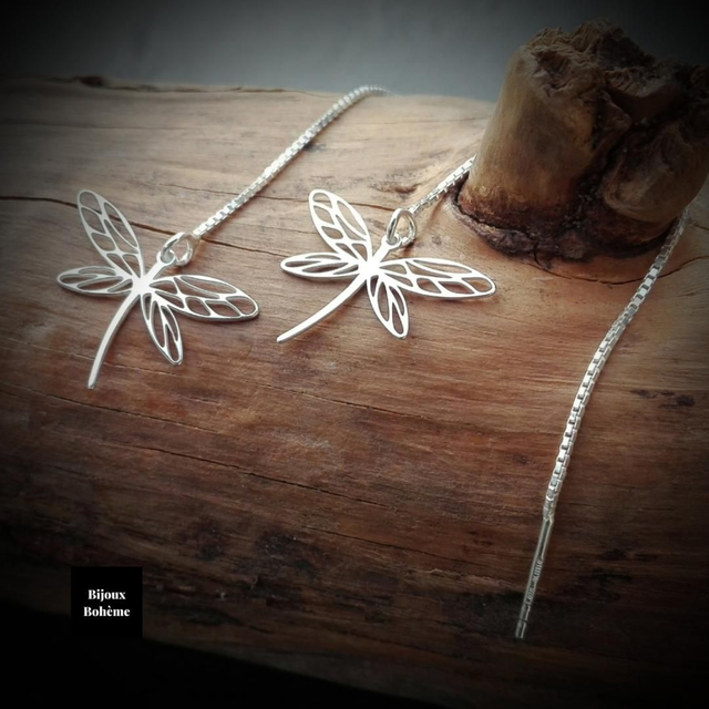 Boucles d'Oreilles Pendantes à Enfiler Argent 925 - LIBELLULE NOMADE 
