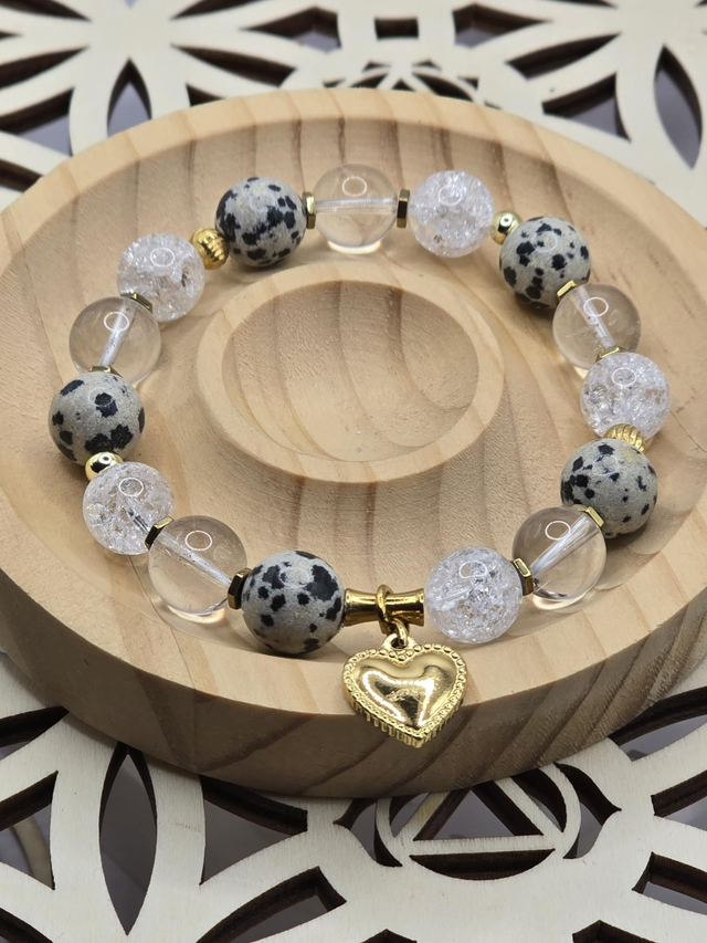 Bracelet Jaspe Dalmatien et Cristal de roche 1 cm 