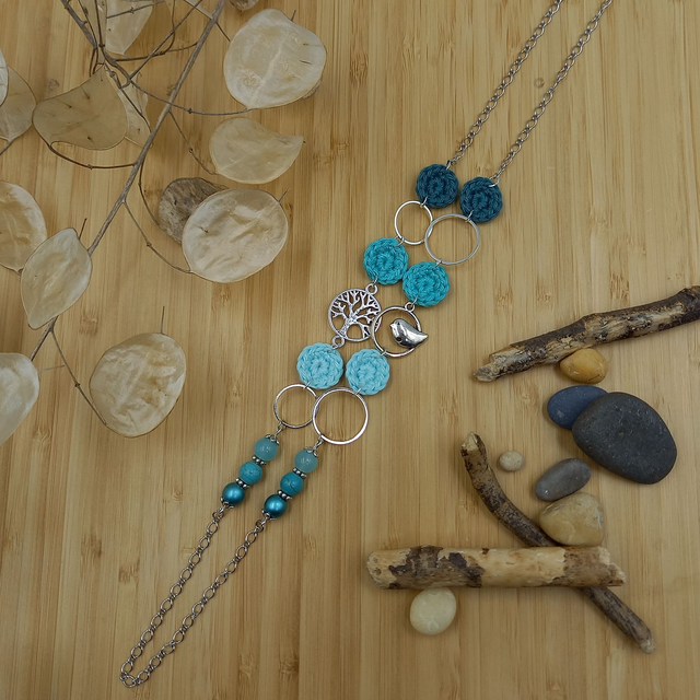Parure turquoise et argenté - Sautoir L&#039;arbre et l&#039;oiseau