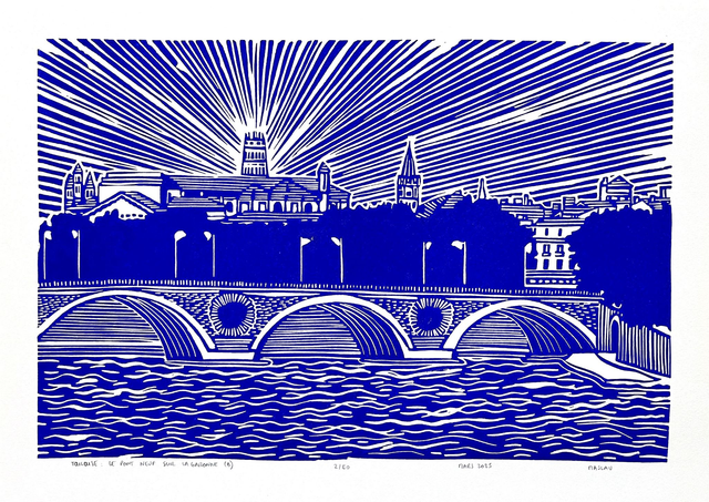 Toulouse : Quais de la Garonne et Pont Neuf • Linogravure bleue 21 x 30 cm