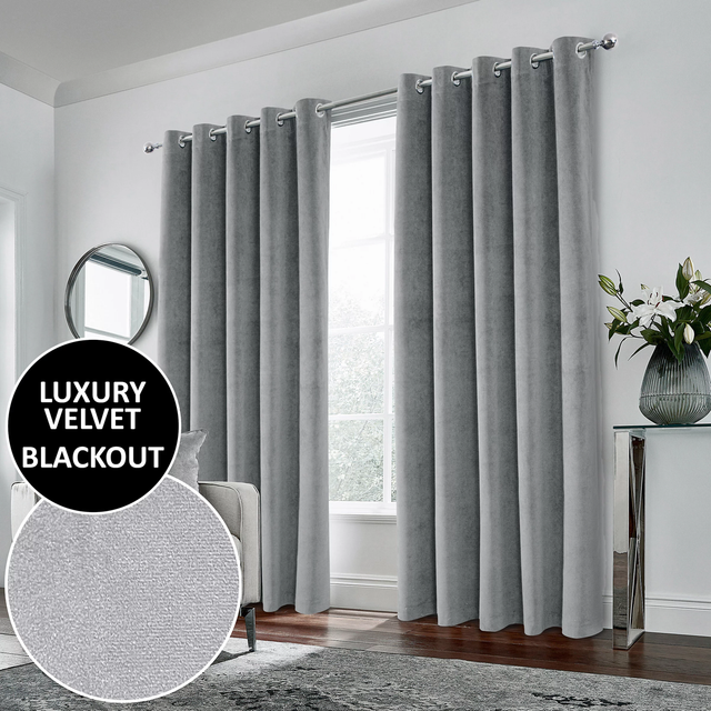 Enhanced Living Hampton Grey 100% Blackout Velvet Readymade Eyelet Curtains
