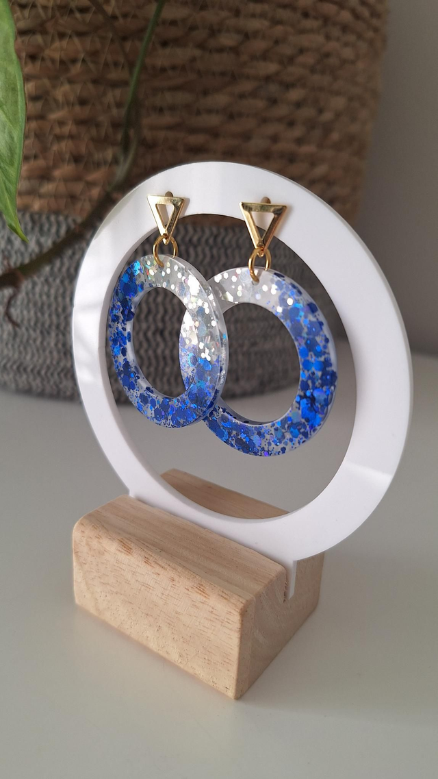 Boucles oreilles cercle paillettes bleues/argentées holographiques