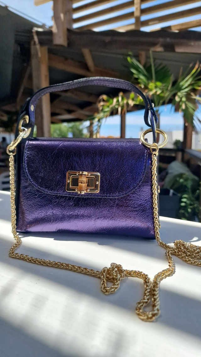 FLORE Petit Sac en Cuir Bleu Métallisé