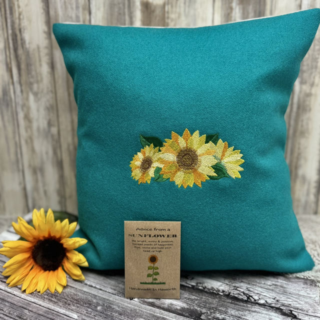 Teal lambswool machine embroidered Sunflower 