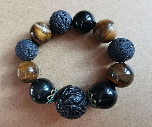 Bracelet en Obsidienne XXL (dont pierre sculptée) Oeil de tigre et Pierre de lave - 18/24mm