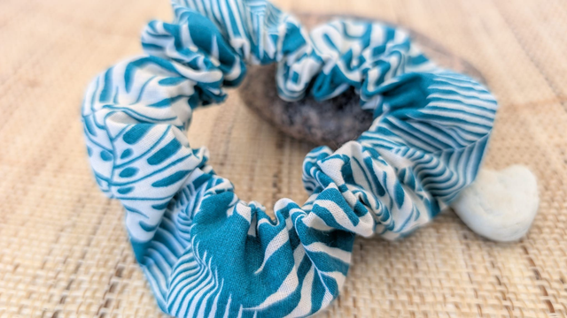 Chouchou - Grand modèle - Tissu feuillage - Bleu canard
