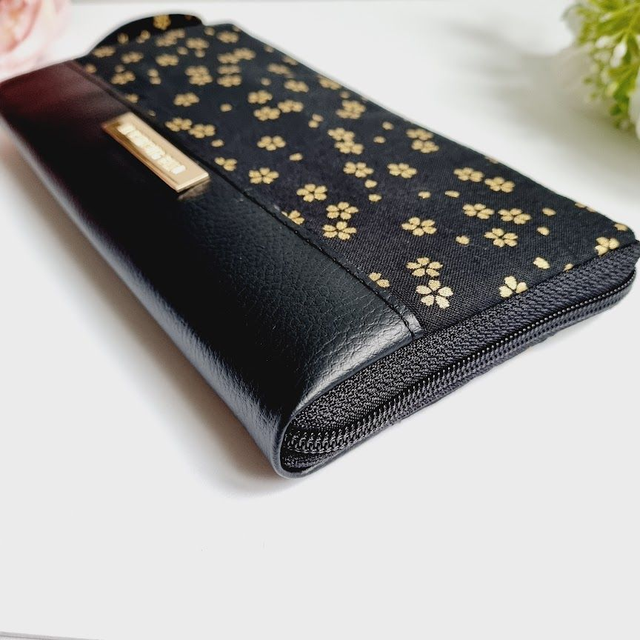 Portefeuille long zippé "Sakura" noir doré & simili cuir noir