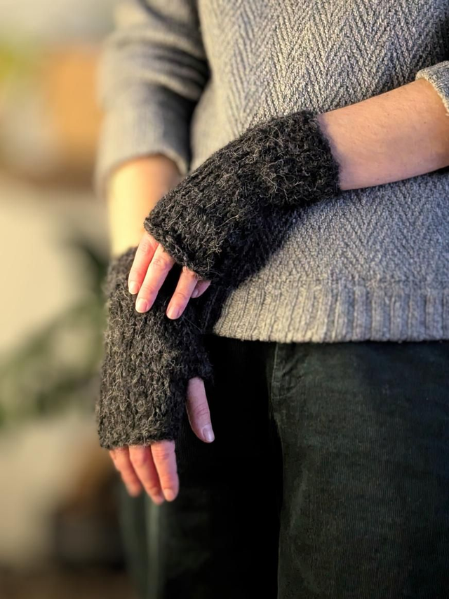 Mitaines noir-gris chiné, en laine Alpaga merinos et soie