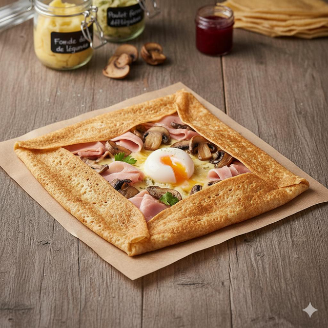 Menu Crêpe Adulte 16€/  La Crêpe “comme à la maison” (avec Œuf mollet) + La crêpe sucrée dessert