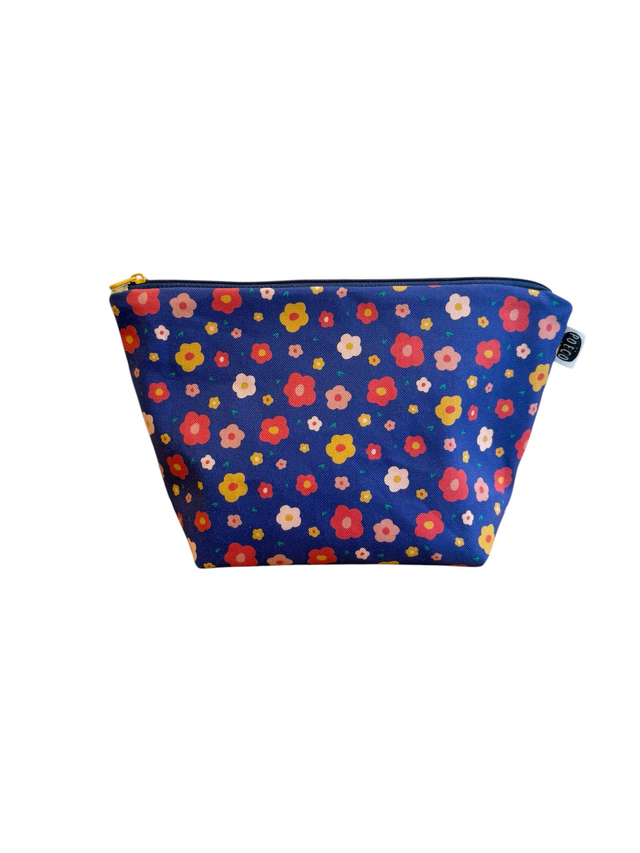 Trousse de toilette - tissu intérieur imperméable -  FLEURS bleu marine