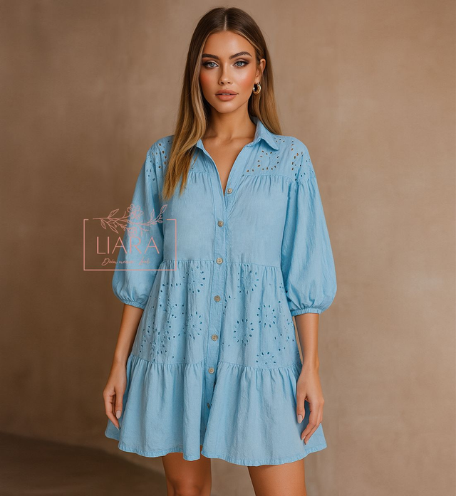 Blusen Kleid Kurz blau mit Blumen Onesize