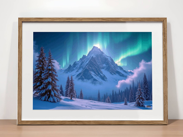 Photo encadrée Aurores Boréales – Tirage d’art qualité musée &amp; décoration murale magique - Pic enneigé 