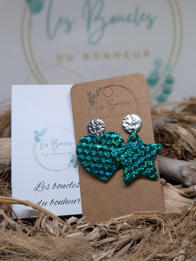 Boucles d'oreilles Asymétrique vert scintillant s030