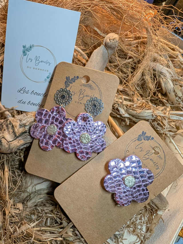 Boucles d'oreilles fleur rétro rose pâle et sa broche fr001