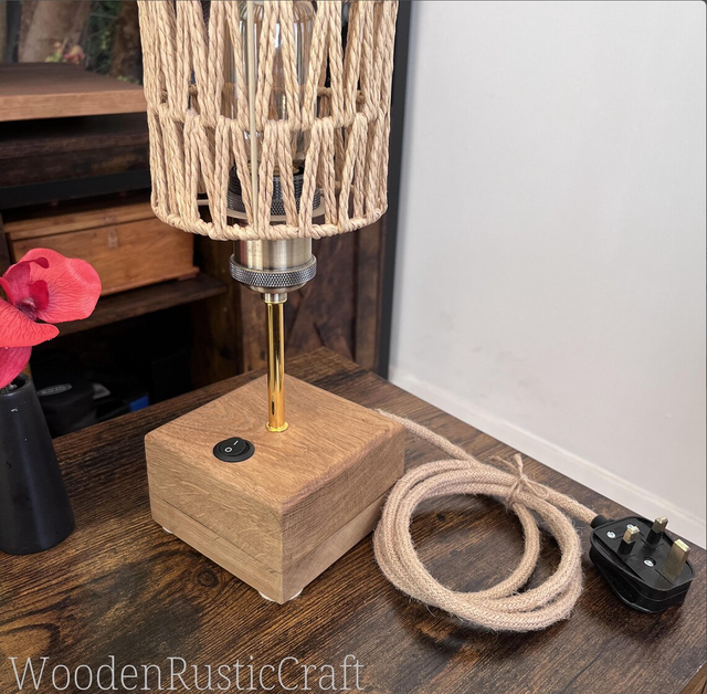Solid Oak Table Lamp with Woven Cord Shade