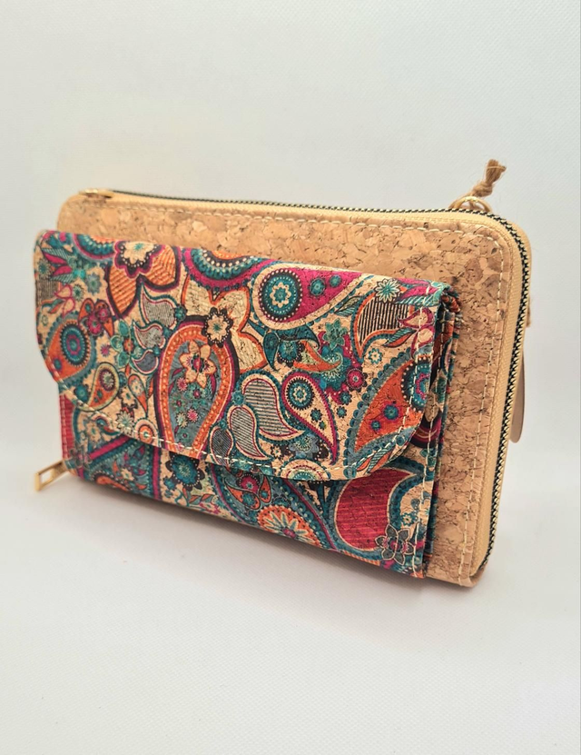 Porte-monnaie/pochette "Miriam" pour natel 2en1 en liège naturel et imprimé tons orangés/turquoise (bandoulière amovible)