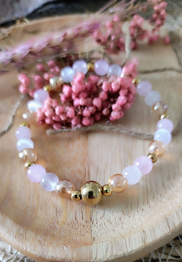 Bracelet "Bien-être" Sélénite, Quartz rose et Quartz Aura